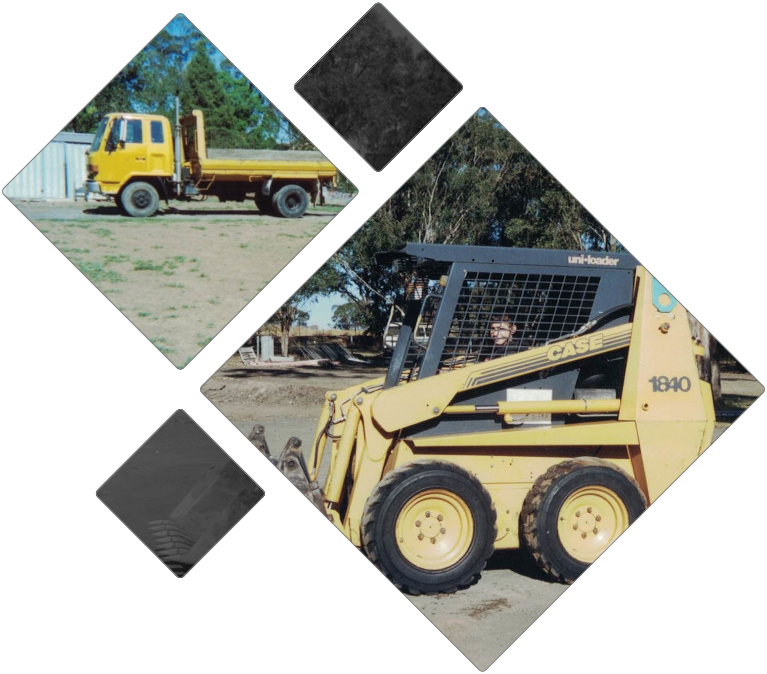 A picture of a bulldozer and a dump truck.
