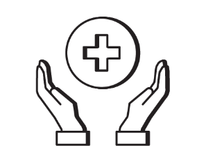 A pair of hands holding a cross icon on a black background.