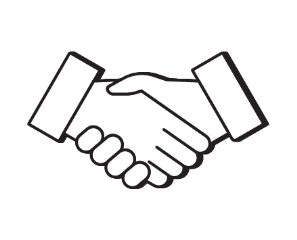 A white handshake icon on a black background.